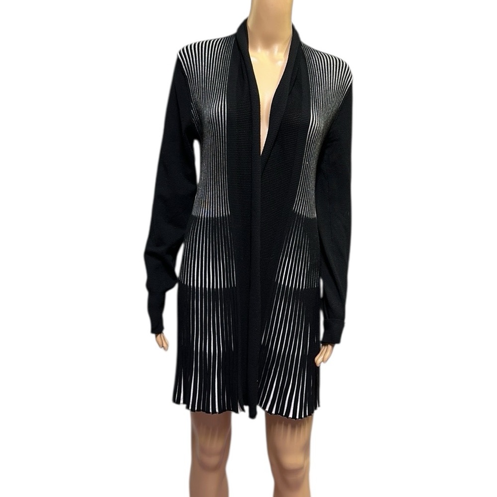 Lapis Long Open Front Ribbed Knit Cardigan Black and White Womens Small